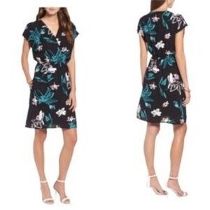 Halogen Black Tropical Pullover Short Sleeve Faux Wrap Dress Size Medium